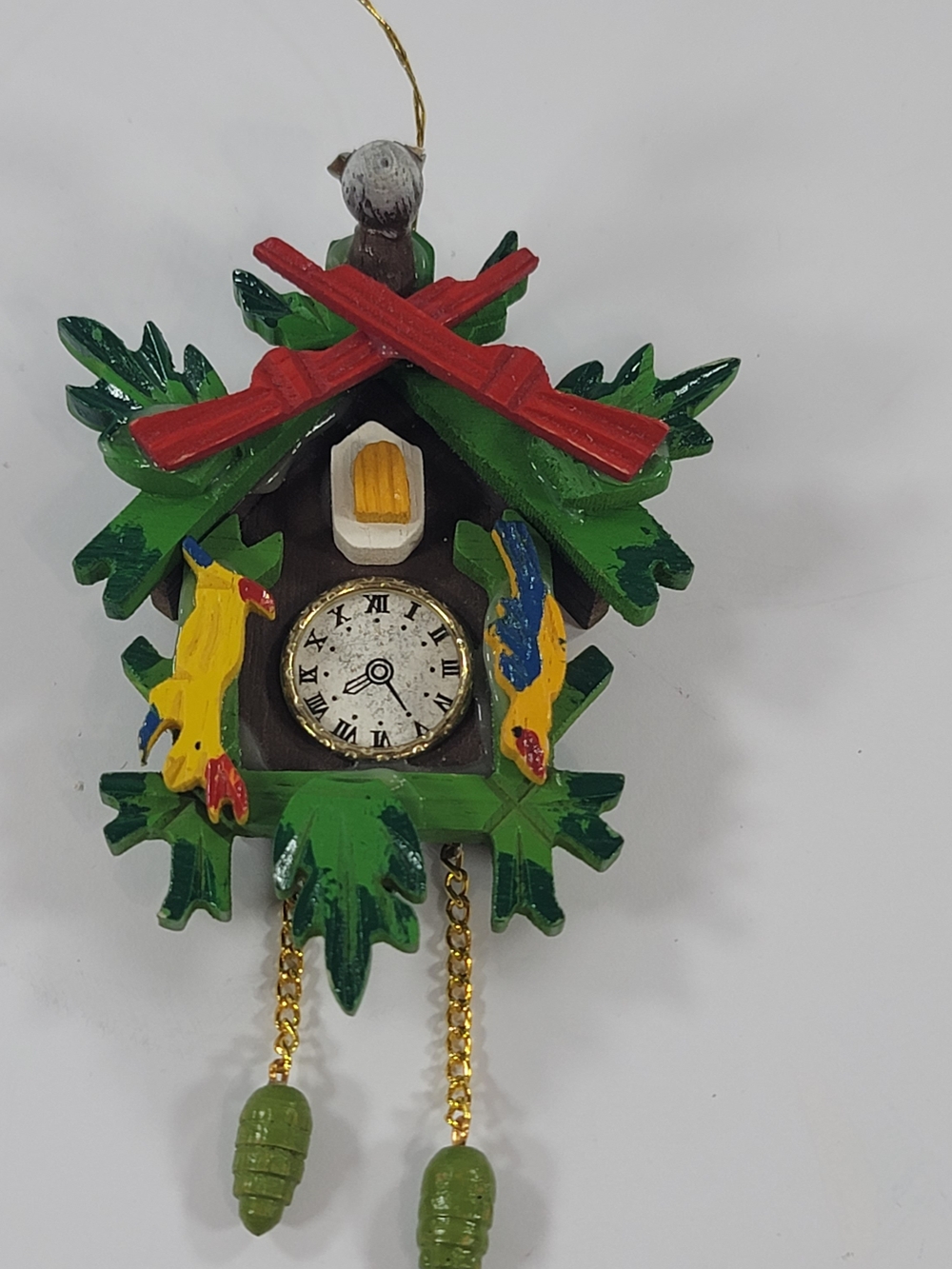 Vintage Colorful Wooden Cuckoo Clock Christmas Ornament 1970's